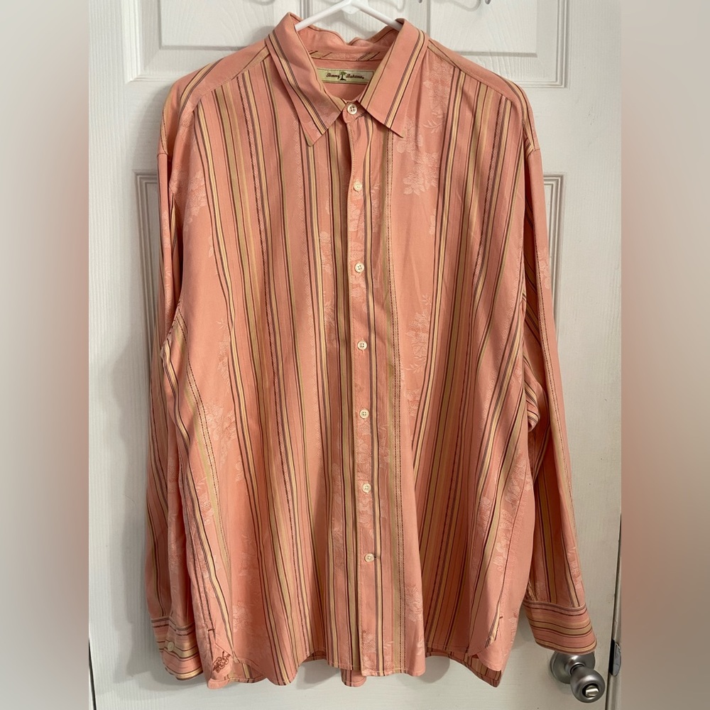Tommy Bahama Striped Silk Blend Button Down Mens Long Sleeve Shirt Pink Peach XL